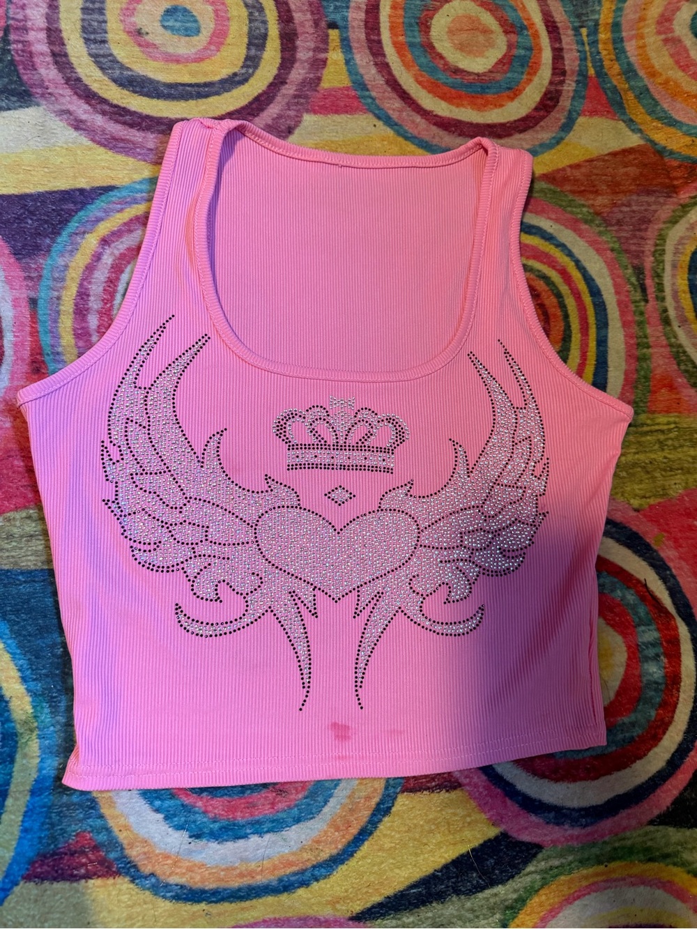 Pink Rhinestone Winged Heart Tank Top